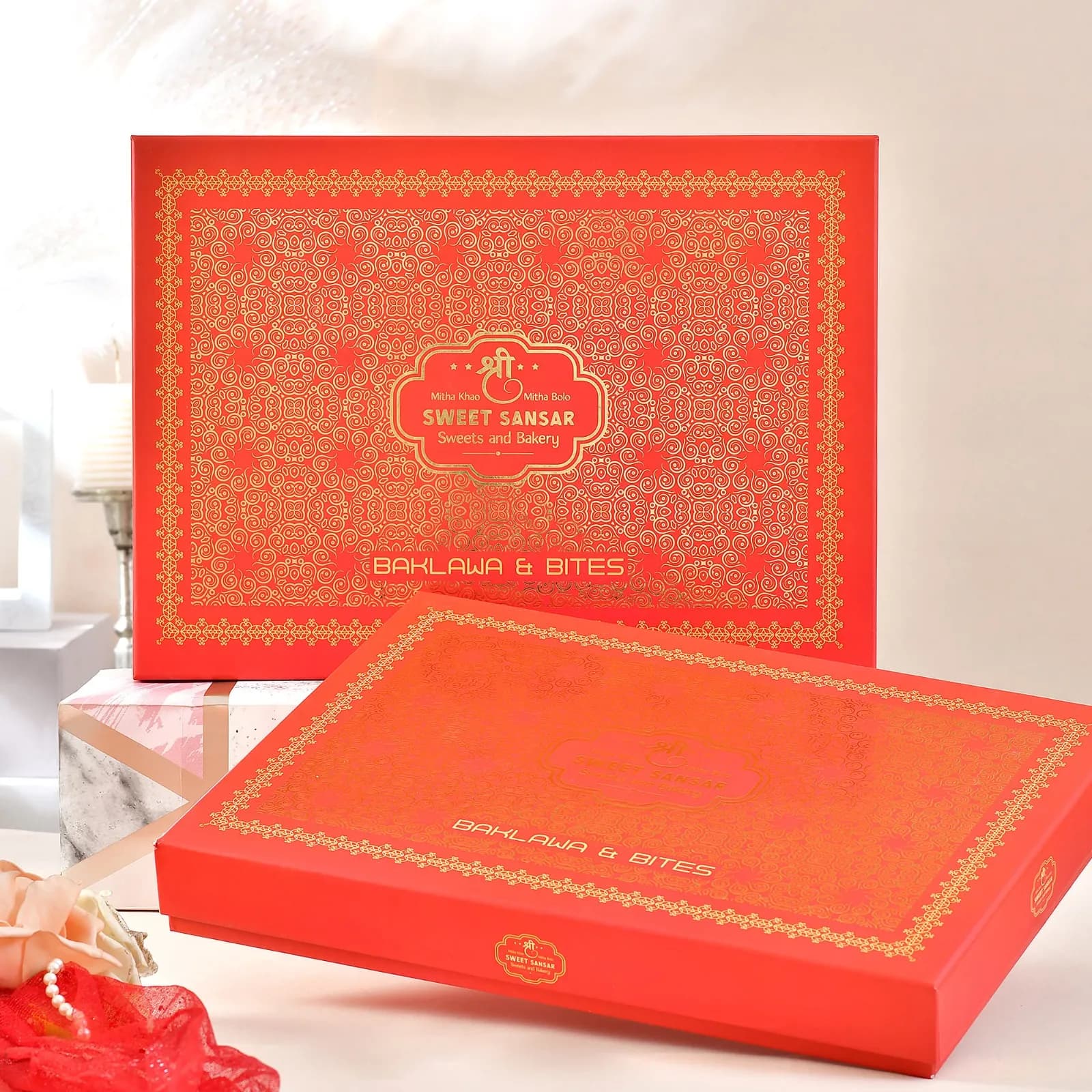 Sweet Sansar Baklawa and Bites box, dark geometric pattern