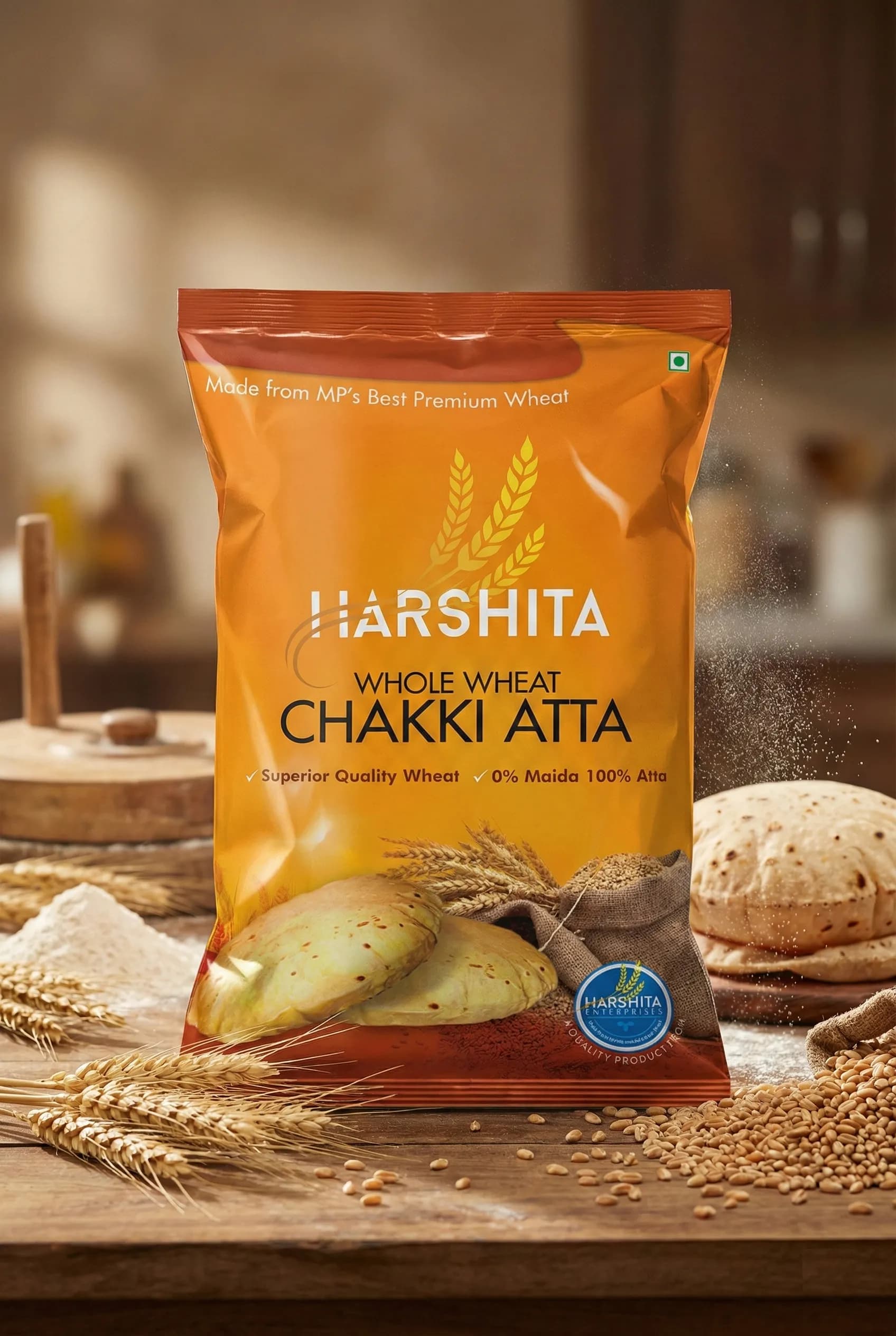 Harshita Whole Wheat Chakki Atta pouch, styled with wheat, flour, and fresh rotis