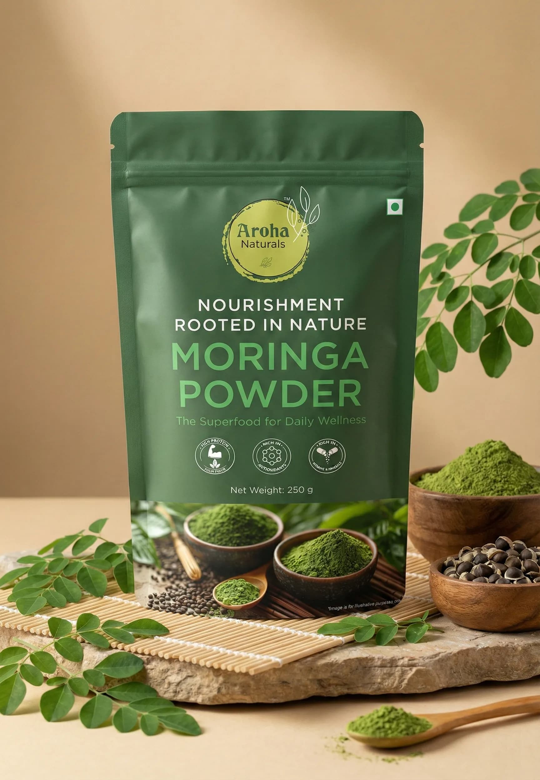Aroha Naturals Moringa Powder packaging design