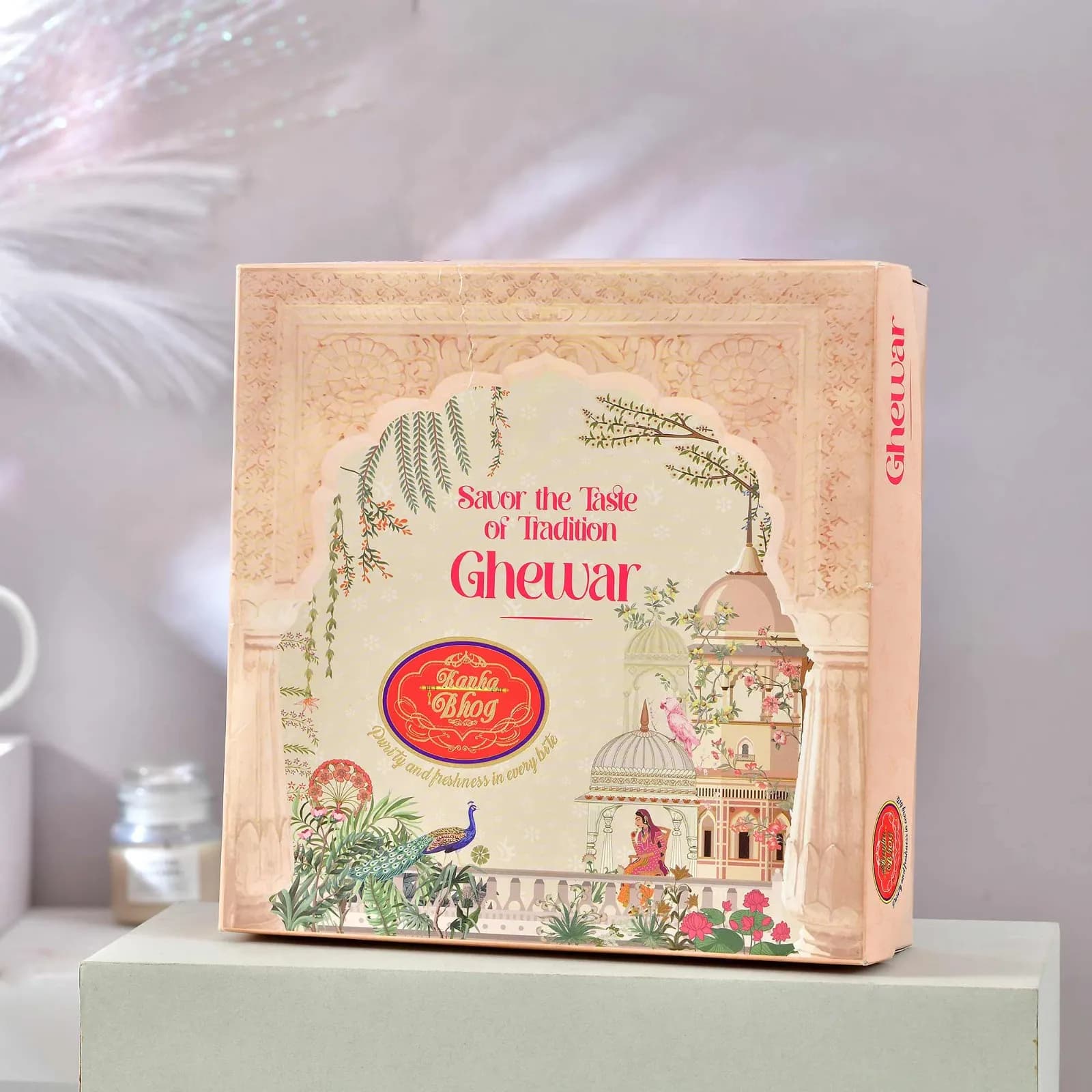Kanha Bhog Ghewar box, pavilion and peacock illustration