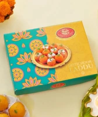 Kanha Bhog Motichoor Laddu box, teal and gold floral pattern