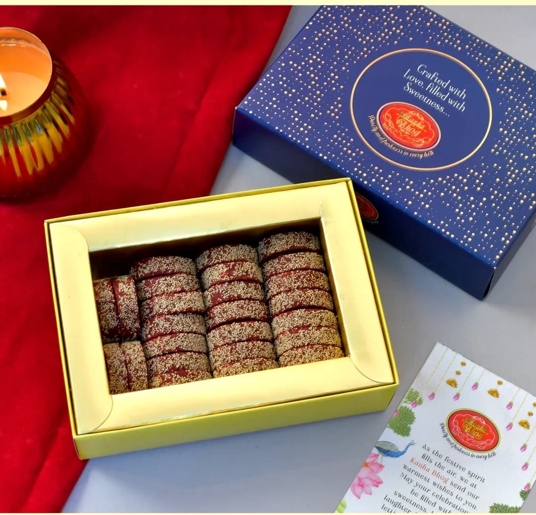 Kanha Bhog sesame sweets box, gold-edged