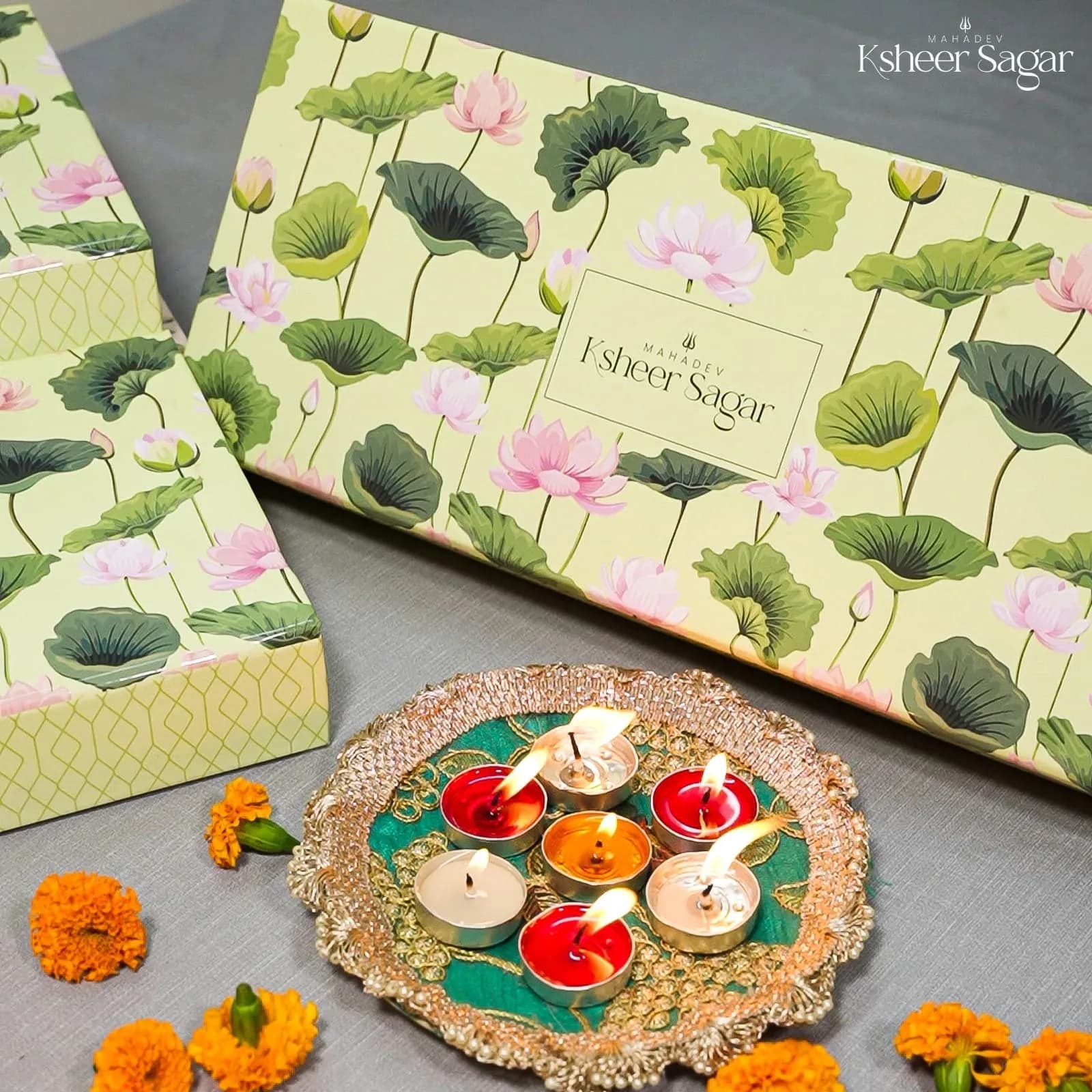 Mahadev Ksheer Sagar mithai box interior with Lucknow address card