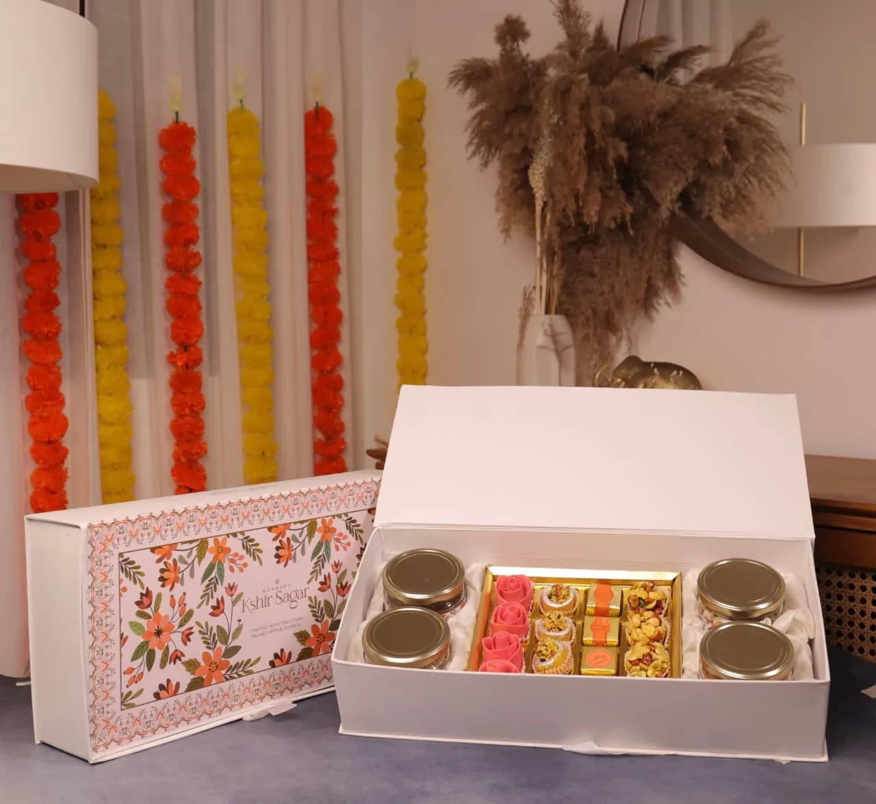 Mahadev Ksheer Sagar box styled with marigold garlands